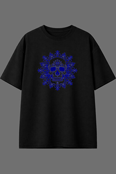 VSRN Tricou oversize negru cu imprimeu frontal cu design cu schelet albastru