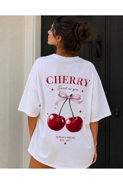 LELVANİ Women's Cherry Printed Casual Oversize T-Shirt