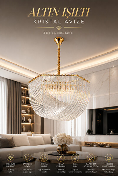Elvora Home Modern (PREMIUM) Gold Camlı Sarkıt Avize Gold Gövde Kristal Tasar...