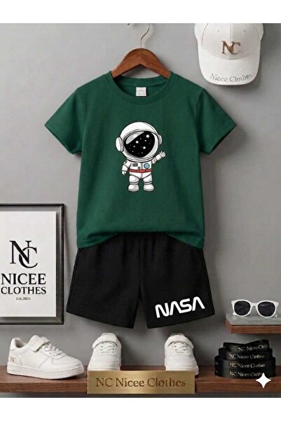 NC Nicee Clothes تي شيرت صيفي للأطفال شورت للجنسين (طباعة رائد الفضاء ناسا)