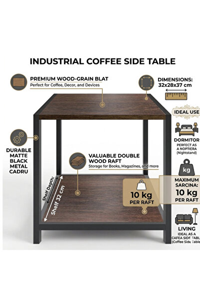HYVESTO Masuta Auxiliara de Cafea, Stil Industrial, 32x28x37 cm, Cadru Metali...