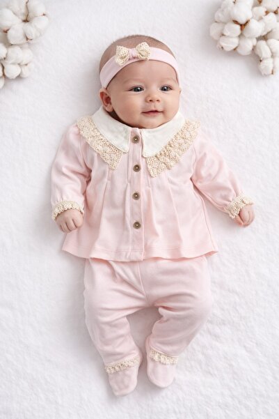 Pure Boutique Set bebe fetita bumbac roz 3 piese cu dantela bluza pantaloni s...