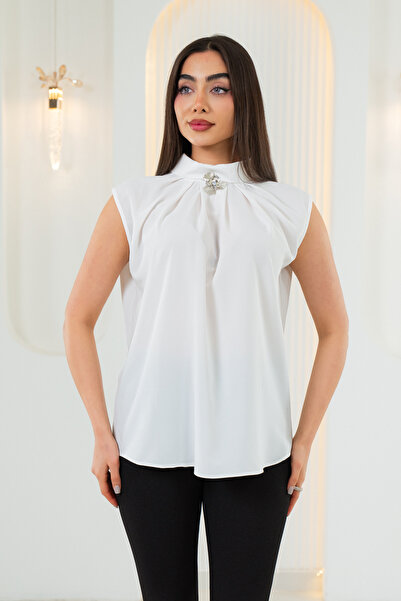 ELAY Fashion Women's White Brooch Detailed High Collar Blouse