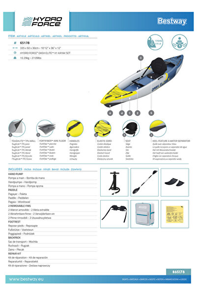 BESTWAY 65178 Dash Elite X1 Tek Kişilik Kano Seti 3.35m x 92cm x 30cm
