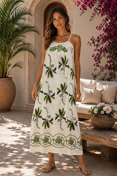 Mossta Strappy Straight Neckline Floral Patterned Long Single Jersey Dress - ...