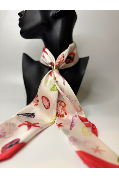 BHR AKSESUAR Sea Shell Starfish Patterned Double-Sided Scarf with Gold Ring D...