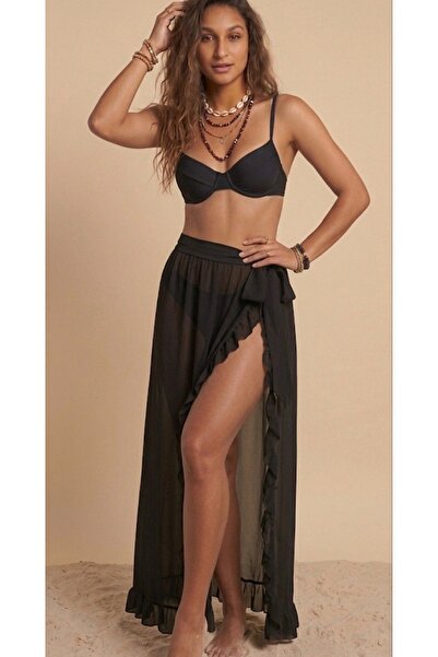 NA ADDESIGN Chiffon Ruffle Detailed Slit Pareo Skirt Beach Skirt with Black &...