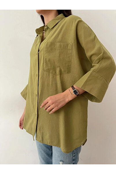 MetuCA Women's Oil Green Cotton Oversize Short Sleeve Shirt Wide Fit Loose Bl...