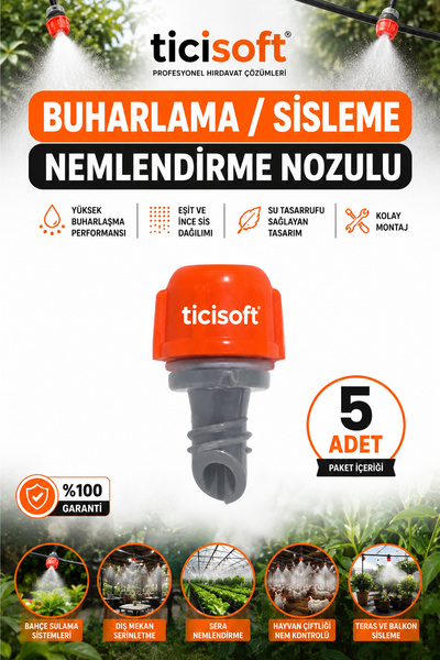 Ticisoft 5 adet Sisleme Misting Buharlama Serinletme Nozulu Sera Nemlendirme Spreyi Kafa Sulama Ekipmanları Mist