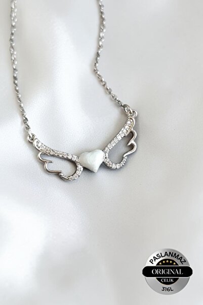 Lynare Angel Winged Heart Detailed Steel Necklace