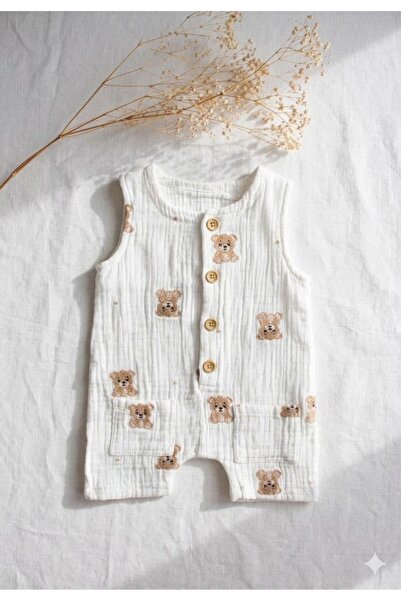 KapsülBebek 100% Cotton Muslin Teddy Bear Embroidered Unisex Baby Romper