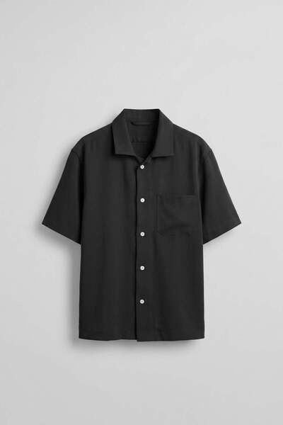 ablukaonline Men's Relaxed Fit Short Sleeve Tencel Shirt with Pockets Black