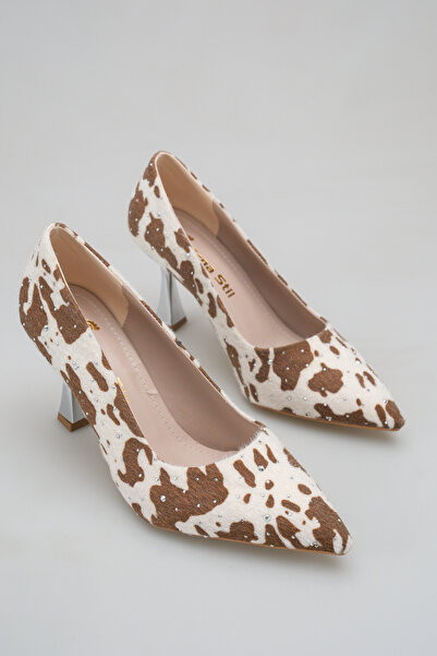 SENASTİL 060 Women's Vivid Leopard Pattern Stoned Pointed Toe Silver Metallic...