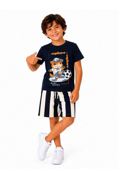 kr kids Boy's Character Printed Shorts Set Navy Blue Striped Summer 2-Piece Set
