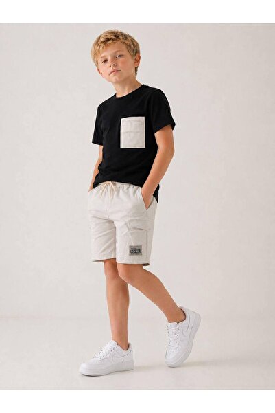 kr kids Boy's Pocket Shorts Set Black Beige Summer 2-Piece Set