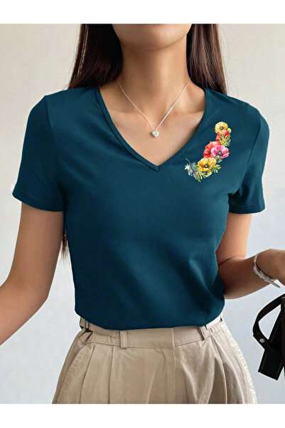 SUNFREE Flower Printed V-Neck Regular Short Sleeve Basic Women's Tshirt