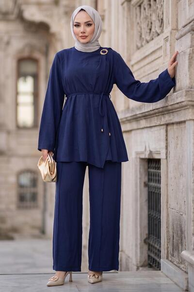 hafsamina Shoulder Buckle Detailed Modal Suit Navy Blue Hm2919