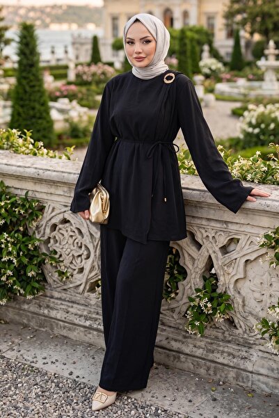 hafsamina Shoulder Buckle Detailed Modal Suit Black Hm2919