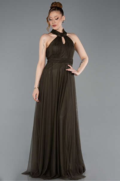 Abiyefon Kahve Halter Yaka Uzun Abiye Elbise ABU3252