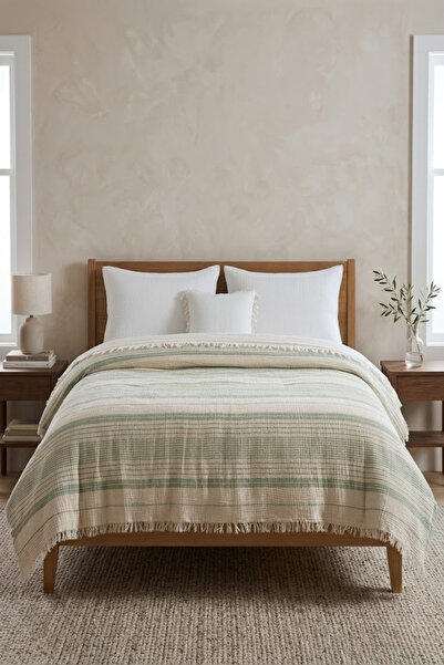 Valmia Home Double 4-Layer Muslin Bedspread 220X230 cm Buldan Handmade Stripe...