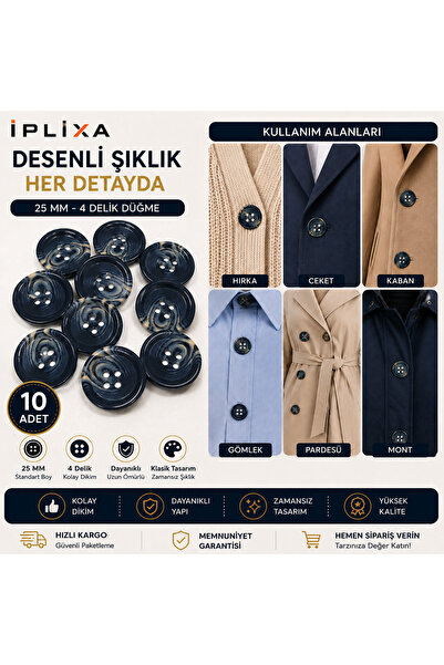 İPLİXA 25mm Lacivert Desenli 4 Delikli Düğme 10 Adet | Dayanıklı Şık Dikiş Dü...