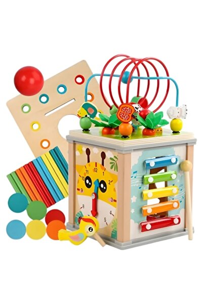 DAMUR Cub educativ Montessori din lemn, Multifuncțional, Sortare forme și cul...