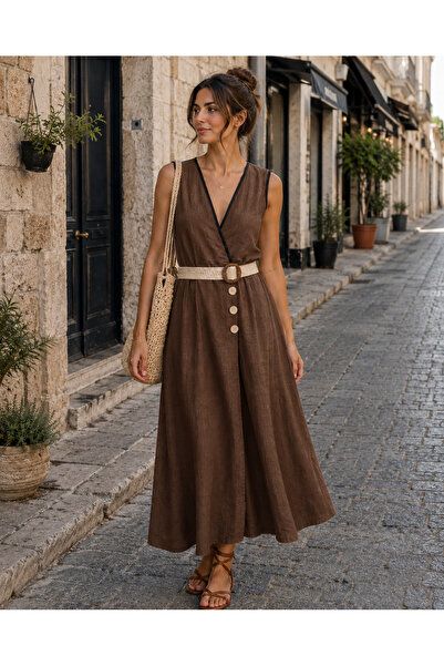 EREN STYLE Italian Waist-Wrapped Linen Dress (Length: 126 Cm.)