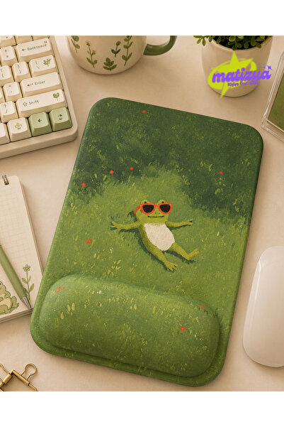 matizya Kurbağa Desenli Kare Bilek Destekli Mousepad 18x23 cm Yeşil Kawaii Ta...