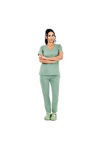 RUNI Costum medical stretch olive cu bluza in V si pantaloni cu snur si elastic