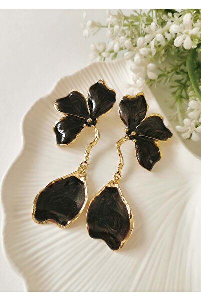 Halley Concept Brown Orchid Enamel Plated Steel Dangle Earrings 3.5X8.5 cm