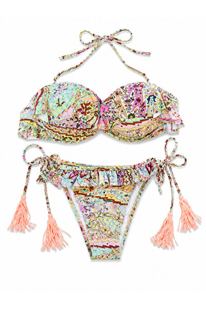Nobrand Costum de baie 2 piese Boho Pastel Tassel – Bikini premium cu volane ...