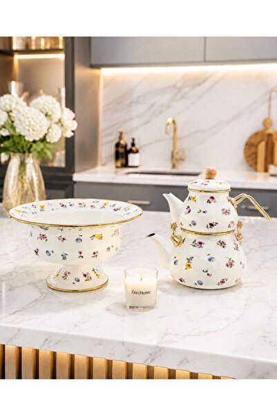 Santara Acar Petit Fleur Series Enameled Body Teapot and Fruit Bowl Kitchen S...
