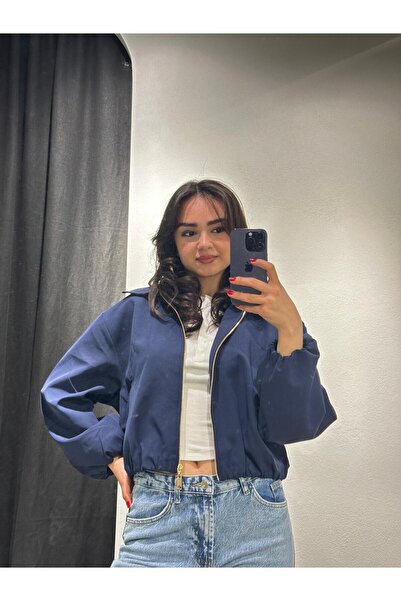 boutich Kadın Mavi Oversize Fermuarlı Bomber Ceket – Salaş Crop Model