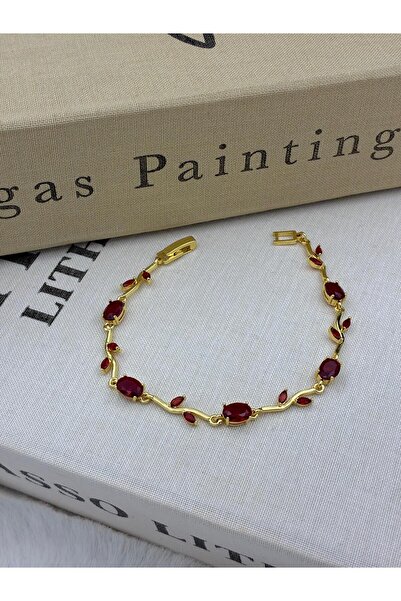 Hedef Bijuteri Gold Color Burgundy Zircon Stone Leaf Detailed Ivy Bracelet Cm132