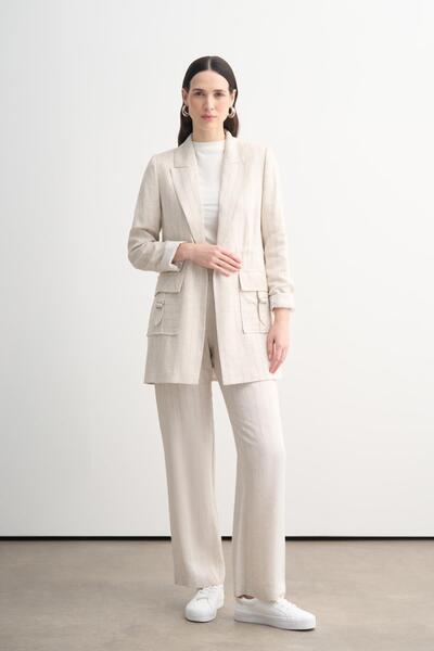 Moodbasic Keten Çizgili Blazer Ceketli Takım - Bej
