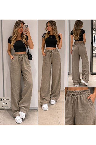 latal Stone Color Wide Leg Trousers with Elastic Waist and Laces, Comfortable...
