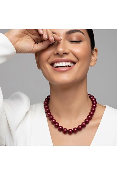 COCOSH TAKI Bordo renk iri inci boncuklu choker kolye