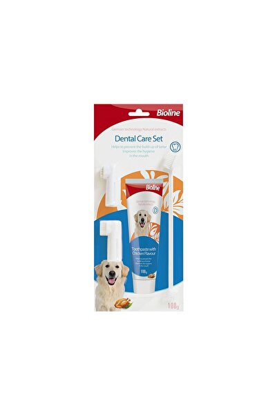Bioline KIT DENTAR PASTA+PERIUTA AROMA PUI PENTRU CAINI 100G