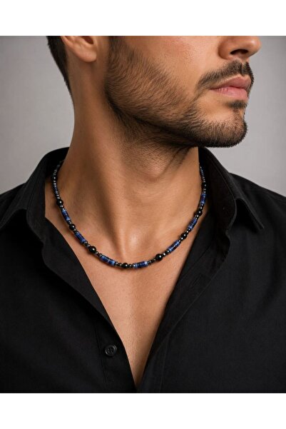 Home Lapis Lazuli, Onyx and Hematite Natural Stone Men's Necklace