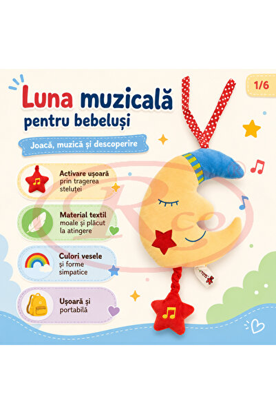 RCO Jucarie muzicala pentru bebelusi din plus, cu agatatoare, Luna, 24 cm, +0 luni, WW6144-C