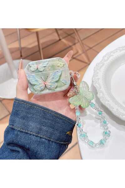 AirPods 4 Uyumlu Simli Kulaklık Kılıfı - 3D Kabartmalı Yeşil butterfly figürlü Boncuk Zincir Askılı Esnek TPU Kılıf