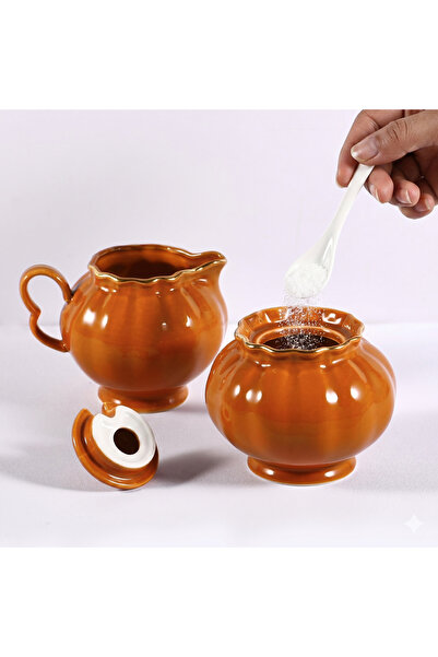 Ursword Set Zaharniță și Letieră din Ceramică Premium, 266 ml / 236 ml, cu Capac și Linguriță, Design Elegant cu Margini Aurii, Portocaliu