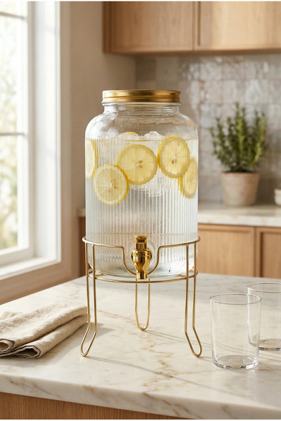KaiHome 4 Litre Gold Detaylı Cam Sebil Metal Standlı