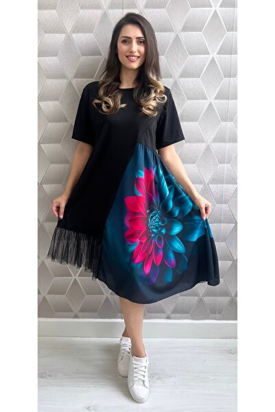 styleFlex Asymmetrical Cotton Dress with Oversized Floral Printed and Tulle R...