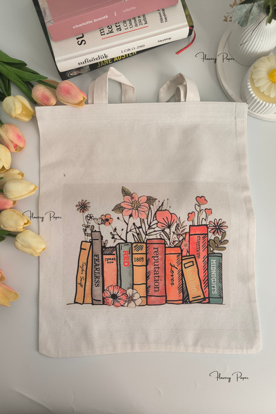 Flowery Paper Vintage Kitap Model Baskılı Pamuklu Ham bez Çanta