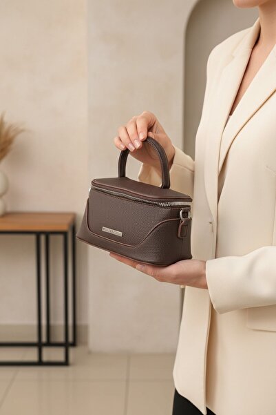 enoch Women's Textured Leather Makeup Bag with Puffy Design, Double Zipper Cl...