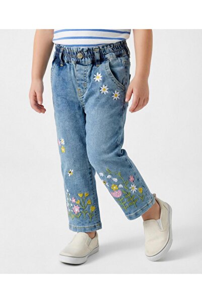 Bonfino Woven Full Length Barrel Fit Washed Denim Jeans With Floral Embroider...