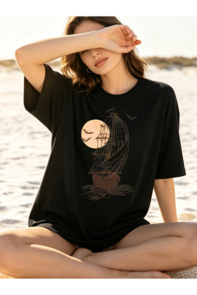 Fleck Womens T Shirts Pirate Ship Moon Sea Adventure Graphic Print Loose Fit ...