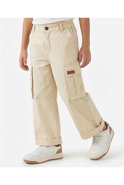 Primo Gino Woven 100% Cotton Wide Leg Cargo Trousers - Beige
