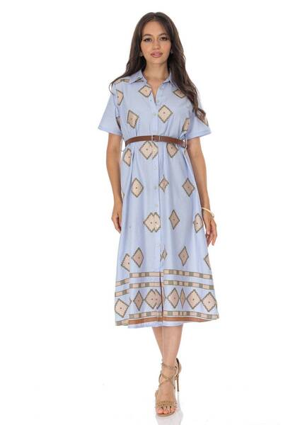 ROHBOUTIQUE Rochie cămașă brodată cu curea în albastru DR4748